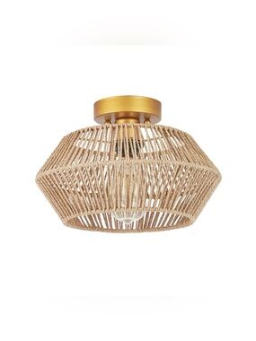 Boho Rattan Semi Flush Mount Ceiling Light Woven Rope Geometric Bedroom Lamp